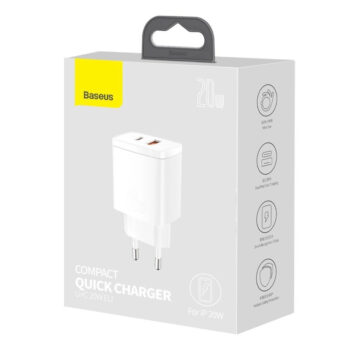 Зарядно за 220V Baseus Compact Fast Charger USB - USB Type C 20W 3A Бяло