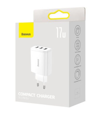 Зарядно за 220V Baseus Compact Quick Charger 17W 3 x USB Type-A Бяло