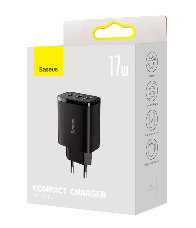 Зарядно за 220V Baseus Compact Quick Charger 17W 3 x USB Type-A Черно