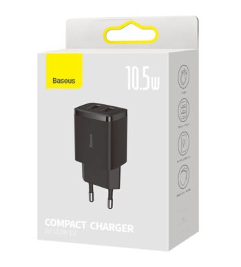 Зарядно за 220V Baseus Compact Quick Dual-Port Charger 10.5W 2 x USB Type-A Черно