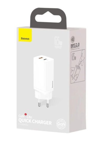 Зарядно за 220V Baseus GaN2 Lite fast charger 65W USB USB Type C Quick Charge Бяло