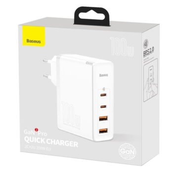 Зарядно за 220V Baseus GaN2 Pro Fast Charger 100W USB-А USB Type C Quick Charge 4 Бяло