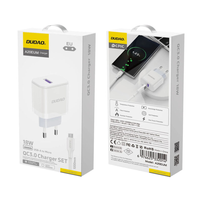 Зарядно за 220V Dudao A20EU USB-A 18W + USB-A - Micro USB Кабел